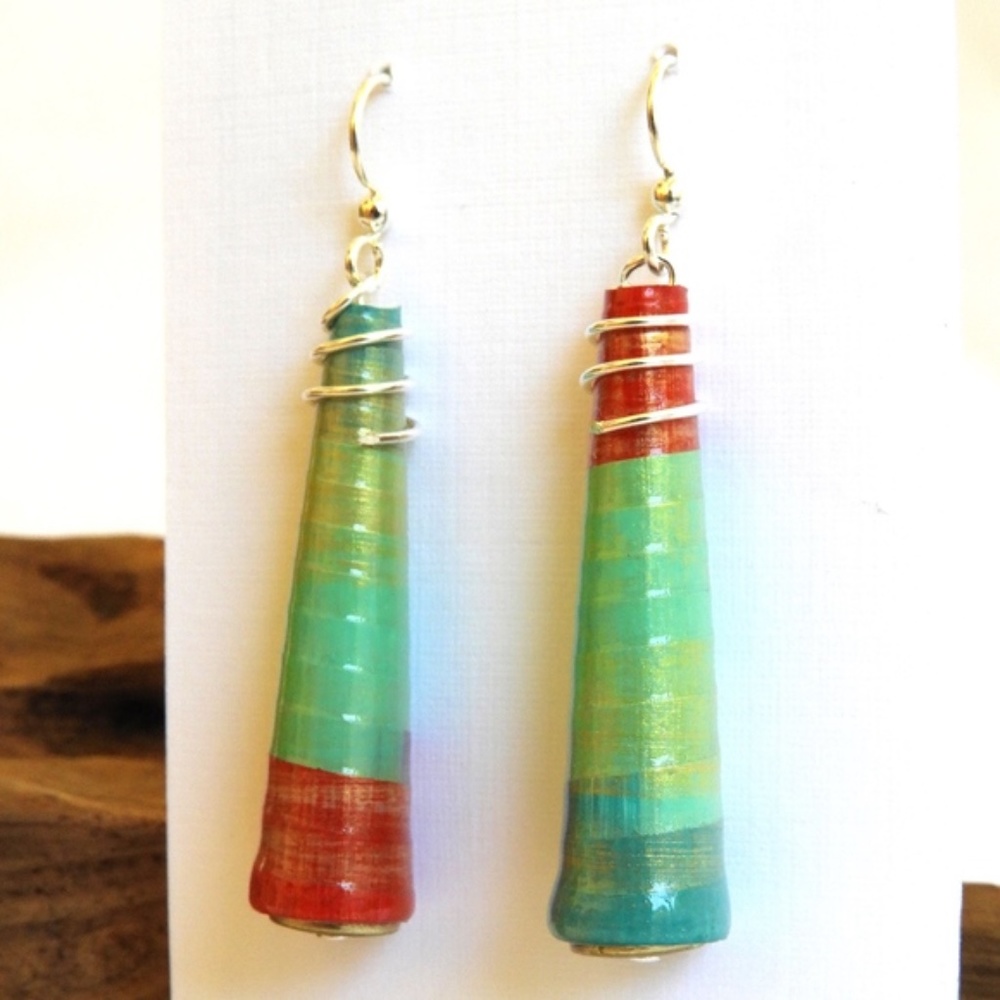 Beautiful Boho Aqua Paper Bead Earrings - Picture 2 of 6